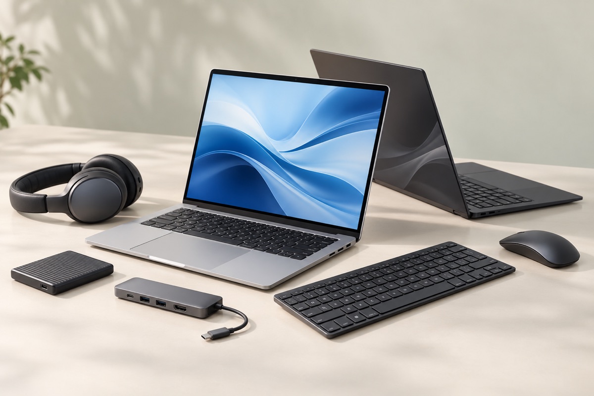 Two modern laptops with headphones, a keyboard, mouse, USB-C hub, and external storage